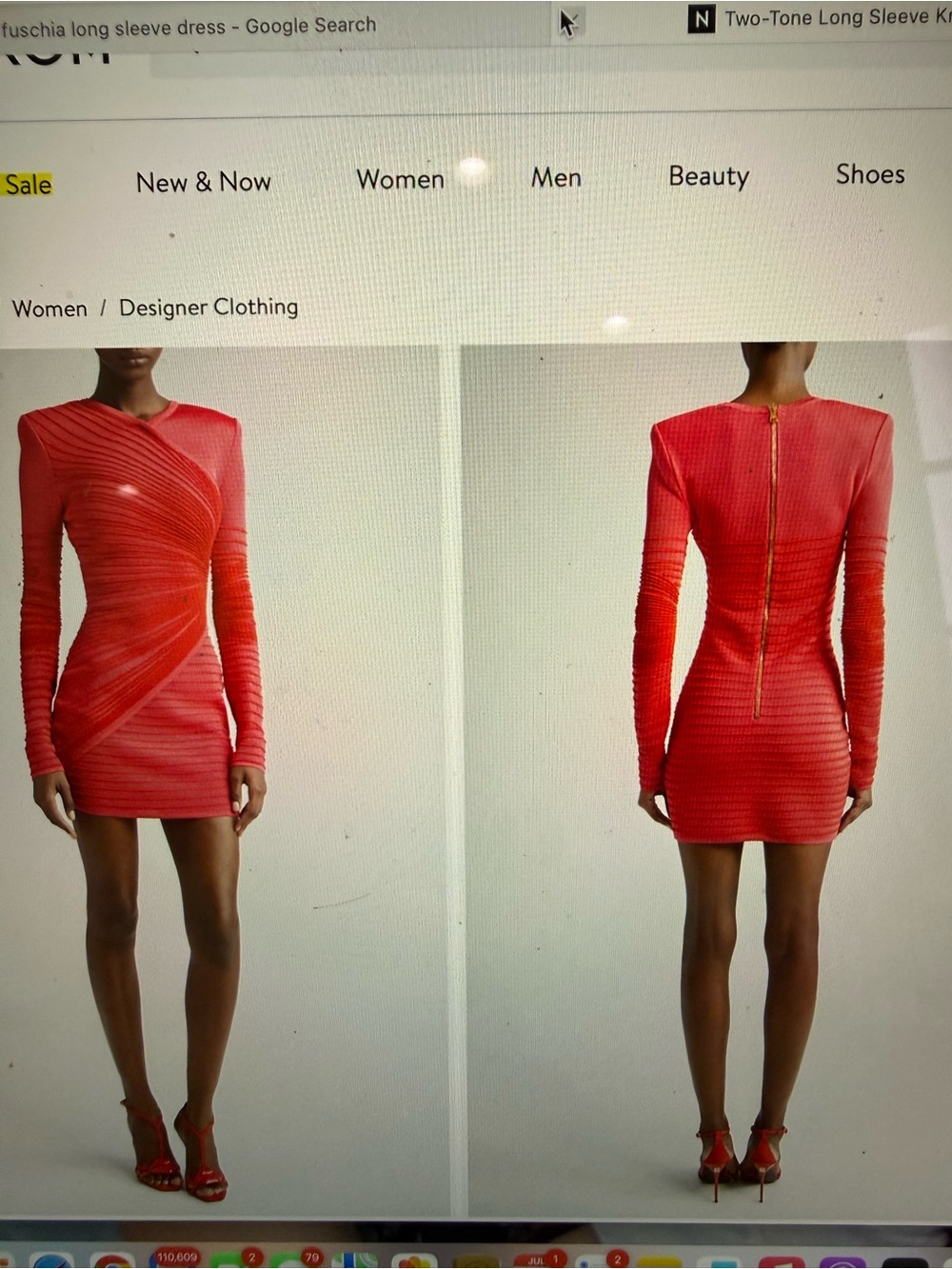 Balmain Red-Pink Sculpted Long-Sleeve Mini Dress